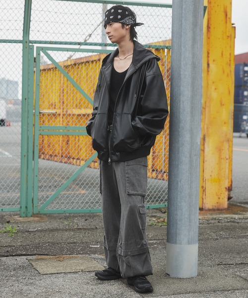 SHORT ROUND（ショートラウンド）の「SHORT ROUND/エコレザーフードブルゾン（ライダースジャケット・メンズ・ブラック・MEDIUM/LARGE）」の2枚目の写真