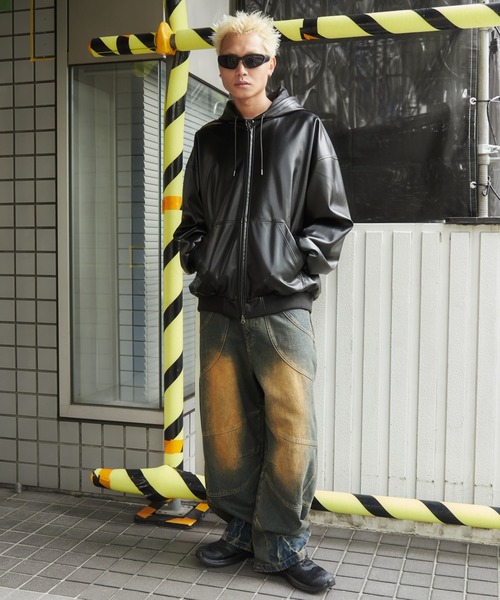 SHORT ROUND（ショートラウンド）の「SHORT ROUND/エコレザーフードブルゾン（ライダースジャケット・メンズ・ブラック・MEDIUM/LARGE）」の13枚目の写真