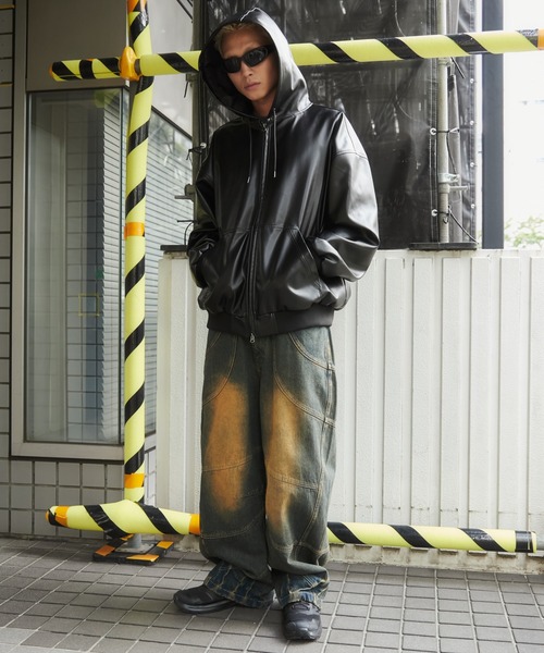 SHORT ROUND（ショートラウンド）の「SHORT ROUND/エコレザーフードブルゾン（ライダースジャケット・メンズ・ブラック・MEDIUM/LARGE）」の18枚目の写真