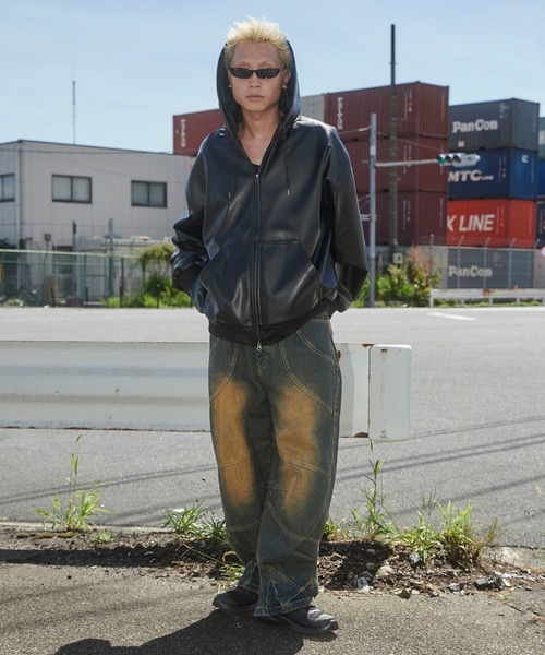 SHORT ROUND（ショートラウンド）の「SHORT ROUND/エコレザーフードブルゾン（ライダースジャケット・メンズ・ブラック・MEDIUM/LARGE）」の21枚目の写真