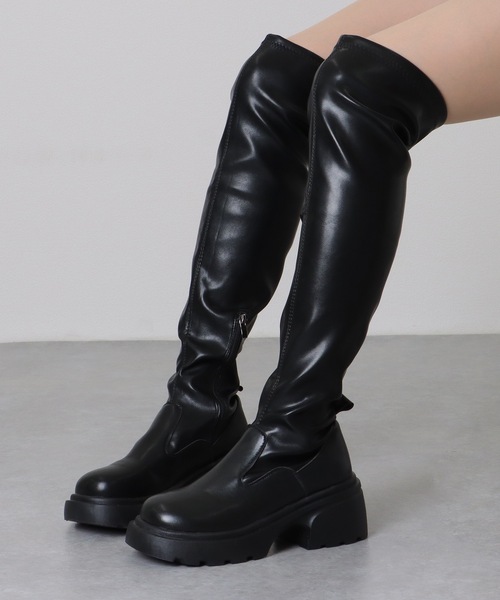 セール】ラウンドトゥ レザー調 厚底 ニーハイ ロング ブーツ（ブーツ