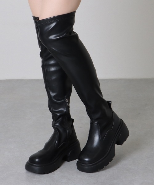セール】ラウンドトゥ レザー調 厚底 ニーハイ ロング ブーツ（ブーツ