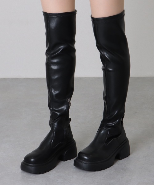 セール】ラウンドトゥ レザー調 厚底 ニーハイ ロング ブーツ（ブーツ