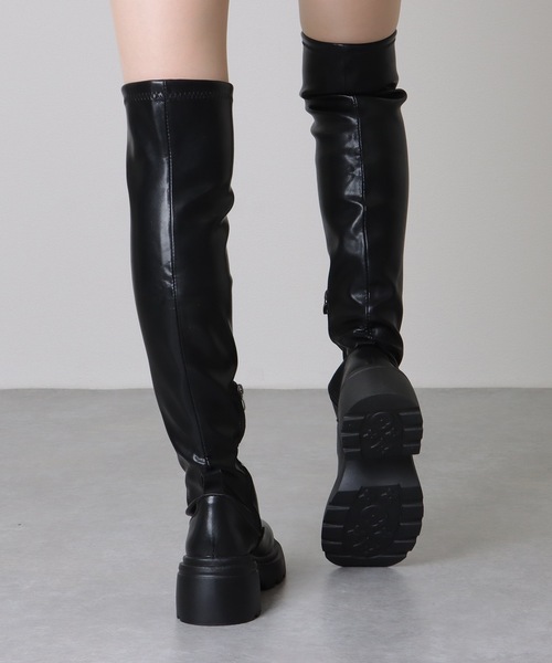 セール】ラウンドトゥ レザー調 厚底 ニーハイ ロング ブーツ（ブーツ