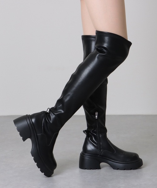 セール】ラウンドトゥ レザー調 厚底 ニーハイ ロング ブーツ（ブーツ
