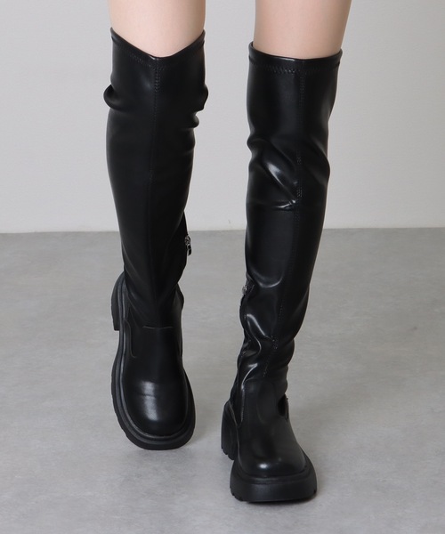 セール】ラウンドトゥ レザー調 厚底 ニーハイ ロング ブーツ（ブーツ
