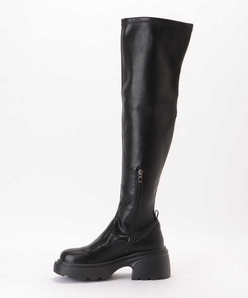 セール】ラウンドトゥ レザー調 厚底 ニーハイ ロング ブーツ（ブーツ