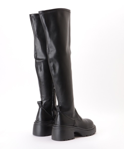 セール】ラウンドトゥ レザー調 厚底 ニーハイ ロング ブーツ（ブーツ
