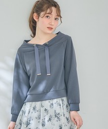フード風サイドスリット9分袖カットソープルオーバー