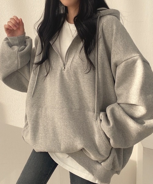 Teem Store(チームストア)の「ハーフジップBIGシルエットパーカー(裏起毛)(スウェット・レディース・イエロー/ブラウン/グレー/アイボリー・L/M)」の1枚目の写真