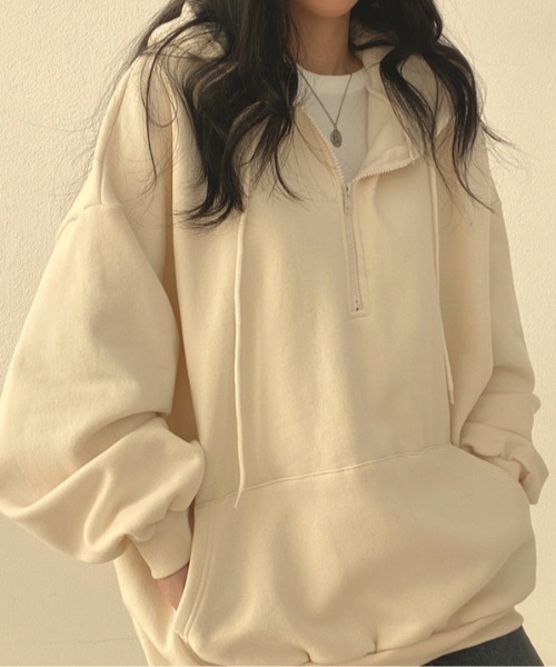 Teem Store(チームストア)の「ハーフジップBIGシルエットパーカー(裏起毛)(スウェット・レディース・イエロー/ブラウン/グレー/アイボリー・L/M)」の9枚目の写真
