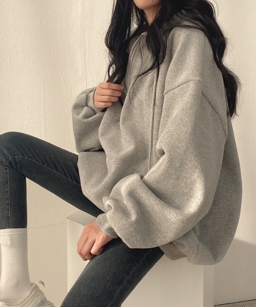 Teem Store(チームストア)の「ハーフジップBIGシルエットパーカー(裏起毛)(スウェット・レディース・イエロー/ブラウン/グレー/アイボリー・L/M)」の11枚目の写真