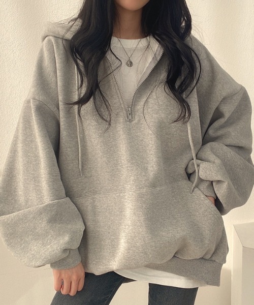 Teem Store(チームストア)の「ハーフジップBIGシルエットパーカー(裏起毛)(スウェット・レディース・イエロー/ブラウン/グレー/アイボリー・L/M)」の12枚目の写真