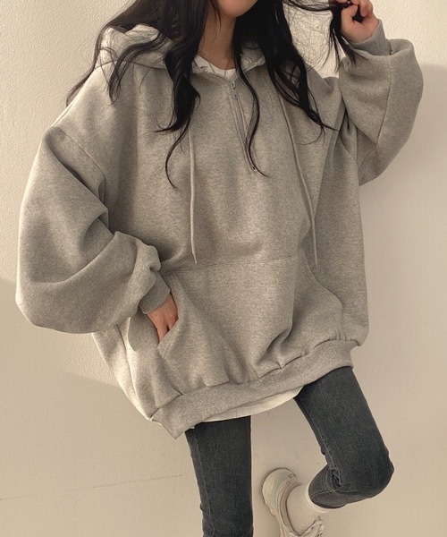 Teem Store(チームストア)の「ハーフジップBIGシルエットパーカー(裏起毛)(スウェット・レディース・イエロー/ブラウン/グレー/アイボリー・L/M)」の10枚目の写真