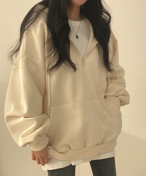 Teem Store(チームストア)の「ハーフジップBIGシルエットパーカー(裏起毛)(スウェット・レディース・イエロー/ブラウン/グレー/アイボリー・L/M)」の14枚目の写真