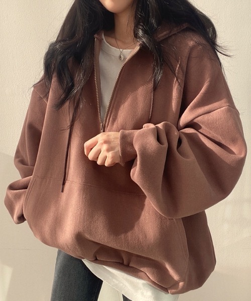 Teem Store(チームストア)の「ハーフジップBIGシルエットパーカー(裏起毛)(スウェット・レディース・イエロー/ブラウン/グレー/アイボリー・L/M)」の15枚目の写真