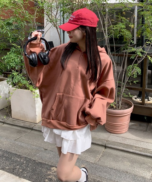 セール】ハーフジップBIGシルエットパーカー（裏起毛）（スウェット