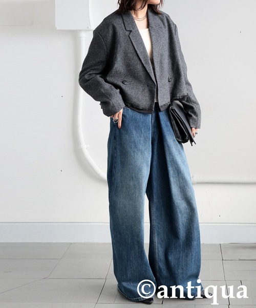 antiqua(アンティカ)の「ショート丈ジャケット(テーラードジャケット・レディース・ダークブラウン/グレー・ONESIZE)」の5枚目の写真
