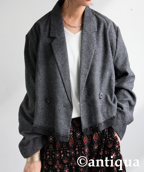antiqua(アンティカ)の「ショート丈ジャケット(テーラードジャケット・レディース・ダークブラウン/グレー・ONESIZE)」の6枚目の写真