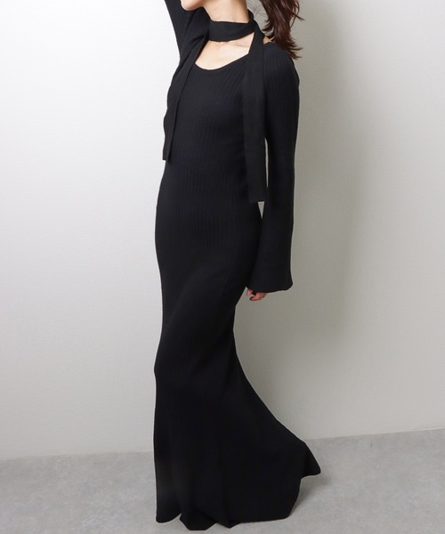 Lace Ladies（レースレディース）の「Uネック タイ付き ロング リブ ニット ワンピース（ワンピース・レディース・モカ/ブラック/ブルー・FREE/S）」の6枚目の写真