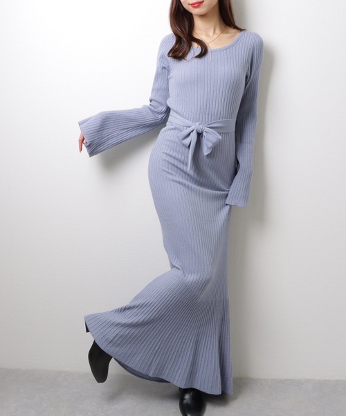 Lace Ladies（レースレディース）の「Uネック タイ付き ロング リブ ニット ワンピース（ワンピース・レディース・モカ/ブラック/ブルー・FREE/S）」の14枚目の写真