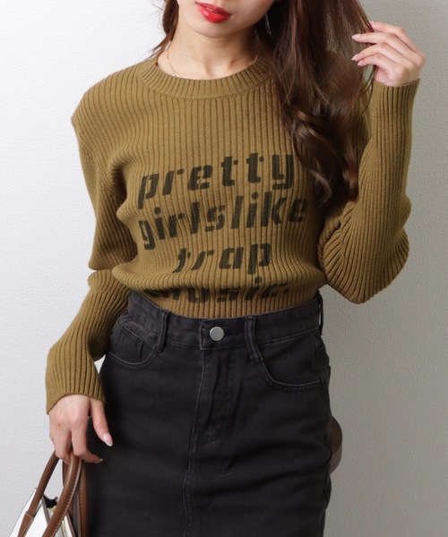 セール】ロゴ プリント ラウンドネック リブニット セーター トップス