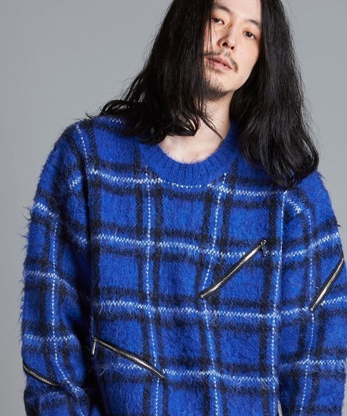 NO ID.(ノーアイディ)の「mn3067- ZIPチェックニットBIG-PO(ニット/セーター・メンズ・レッド/ブラック/ブルー・ONE SIZE)」の2枚目の写真