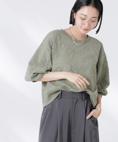 NANO universe(ナノユニバース)の「【追加生産】フクレジャガードカットトップス(セットアップ可)(Tシャツ/カットソー・レディース・ブラック/アイボリー/グリーン・FREE)」の5枚目の写真