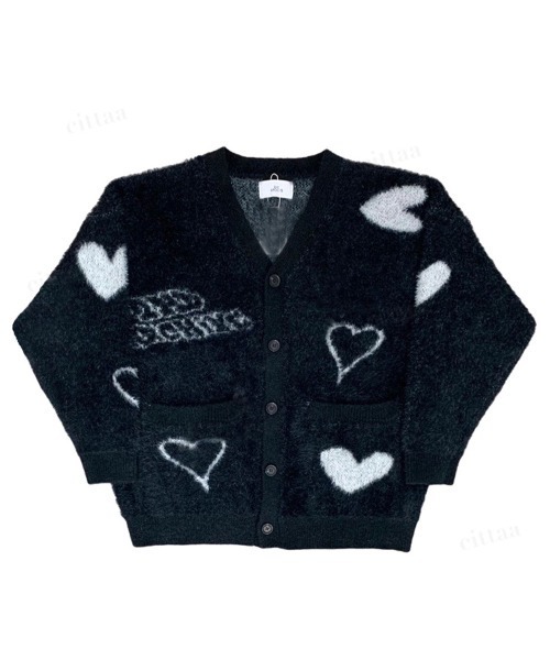 韓国ファッション 2ND ARCHIVEハートデザインシャギーニットVネックカーディガン（カーディガン/ボレロ）｜Dalfwin（ダールフィン）