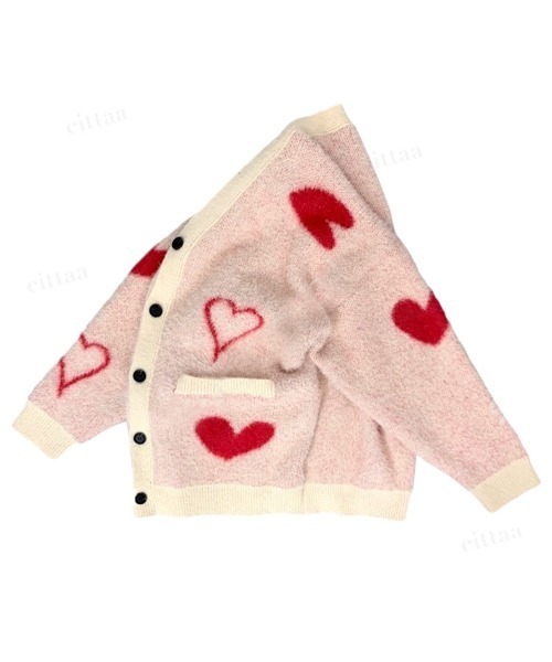 韓国ファッション 2ND ARCHIVEハートデザインシャギーニットVネックカーディガン（カーディガン/ボレロ）｜Dalfwin（ダールフィン）