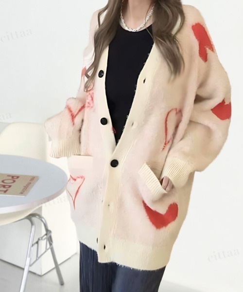 韓国ファッション 2ND ARCHIVEハートデザインシャギーニットVネックカーディガン（カーディガン/ボレロ）｜Dalfwin（ダールフィン）