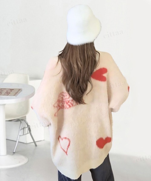 韓国ファッション 2ND ARCHIVEハートデザインシャギーニットVネックカーディガン（カーディガン/ボレロ）｜Dalfwin（ダールフィン）