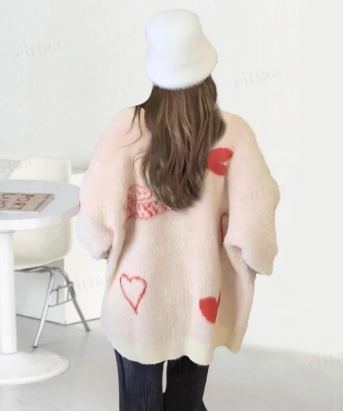 韓国ファッション 2ND ARCHIVEハートデザインシャギーニットVネックカーディガン（カーディガン/ボレロ）｜Dalfwin（ダールフィン）