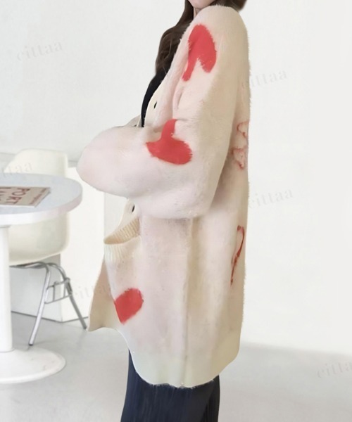 韓国ファッション 2ND ARCHIVEハートデザインシャギーニットVネックカーディガン（カーディガン/ボレロ）｜Dalfwin（ダールフィン）