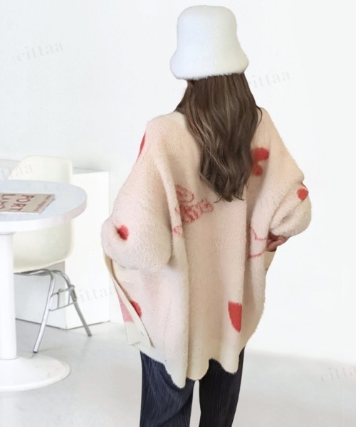 韓国ファッション 2ND ARCHIVEハートデザインシャギーニットVネックカーディガン（カーディガン/ボレロ）｜Dalfwin（ダールフィン）