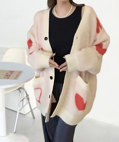 韓国ファッション 2ND ARCHIVEハートデザインシャギーニットVネックカーディガン（カーディガン/ボレロ）｜Dalfwin（ダールフィン）