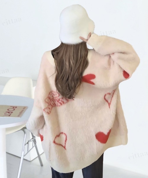 韓国ファッション 2ND ARCHIVEハートデザインシャギーニットVネックカーディガン（カーディガン/ボレロ）｜Dalfwin（ダールフィン）