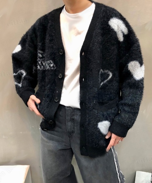 韓国ファッション 2ND ARCHIVEハートデザインシャギーニットVネックカーディガン（カーディガン/ボレロ）｜Dalfwin（ダールフィン）