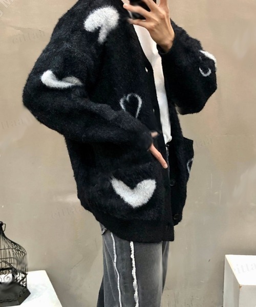 韓国ファッション 2ND ARCHIVEハートデザインシャギーニットVネックカーディガン（カーディガン/ボレロ）｜Dalfwin（ダールフィン）