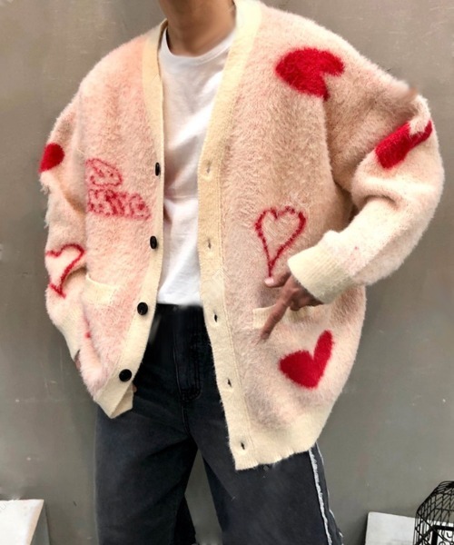 韓国ファッション 2ND ARCHIVEハートデザインシャギーニットVネックカーディガン（カーディガン/ボレロ）｜Dalfwin（ダールフィン）