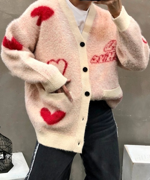 韓国ファッション 2ND ARCHIVEハートデザインシャギーニットVネックカーディガン（カーディガン/ボレロ）｜Dalfwin（ダールフィン）