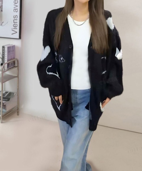 韓国ファッション 2ND ARCHIVEハートデザインシャギーニットVネックカーディガン（カーディガン/ボレロ）｜Dalfwin（ダールフィン）