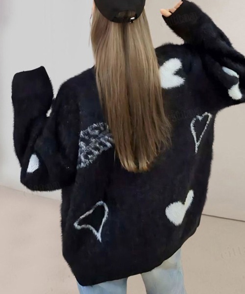 韓国ファッション 2ND ARCHIVEハートデザインシャギーニットVネックカーディガン（カーディガン/ボレロ）｜Dalfwin（ダールフィン）