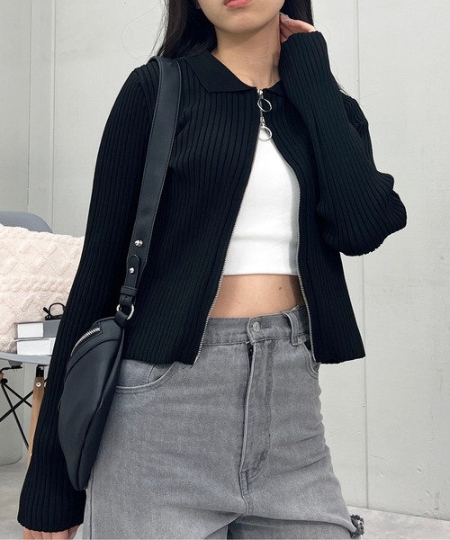 セール】【&soiree】Wジップ襟付き長袖リブニットトップス