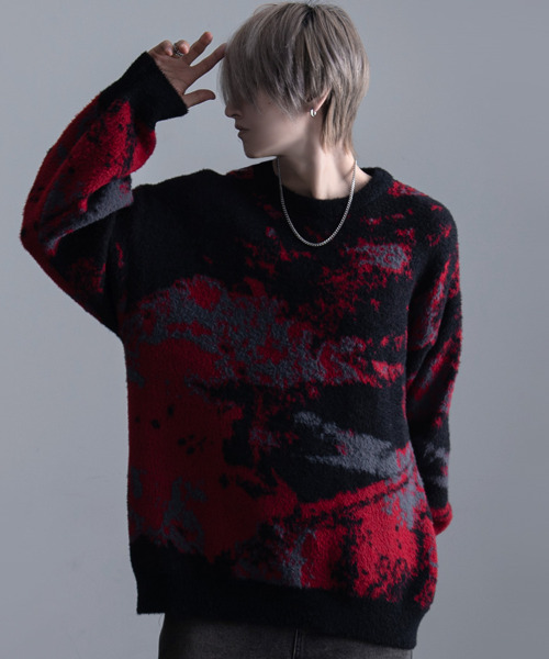 『CavariA/キャバリア』フェザーヤーンルーズサイズアブストラクトクルー 長袖（ニット/セーター）｜SILVER BULLET（シルバーバレット）