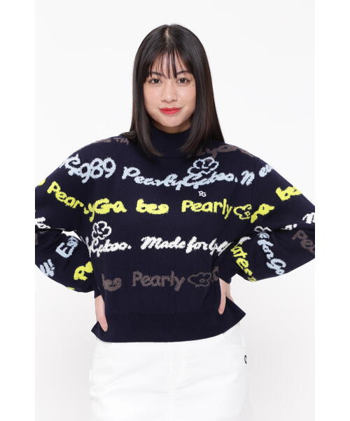 Pearly Gates 天竺*ロゴインターシャ モックネックニットプルオーバー PEARLY GATES】天竺×ロゴインターシャ モックネックニットプルオーバー