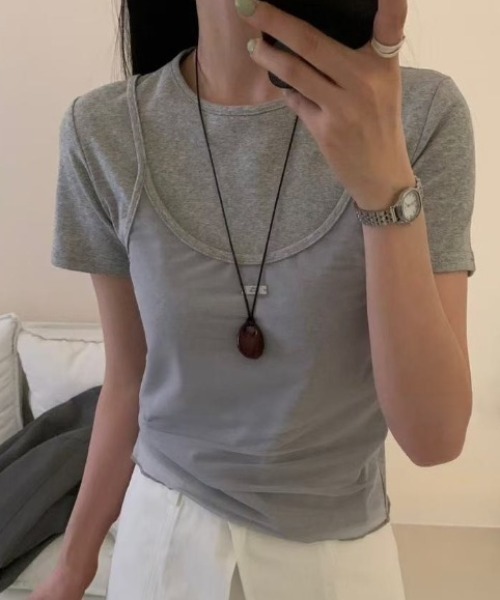 LAC-VERT(ラック・ヴェール)の「プレートアクセント シアーキャミドッキングTシャツ(Tシャツ/カットソー・レディース・ブラウン/ホワイト/グレー/ブラック・FREE)」の3枚目の写真