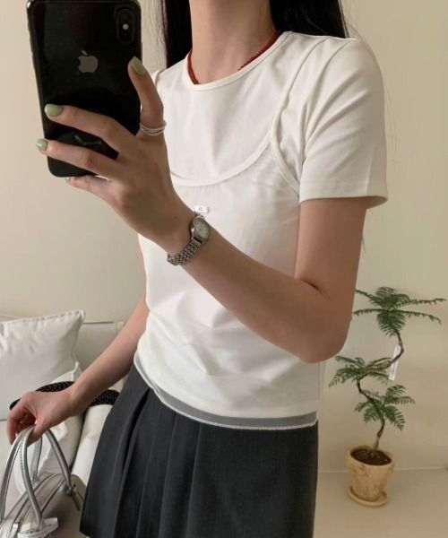 LAC-VERT(ラック・ヴェール)の「プレートアクセント シアーキャミドッキングTシャツ(Tシャツ/カットソー・レディース・ブラウン/ホワイト/グレー/ブラック・FREE)」の1枚目の写真