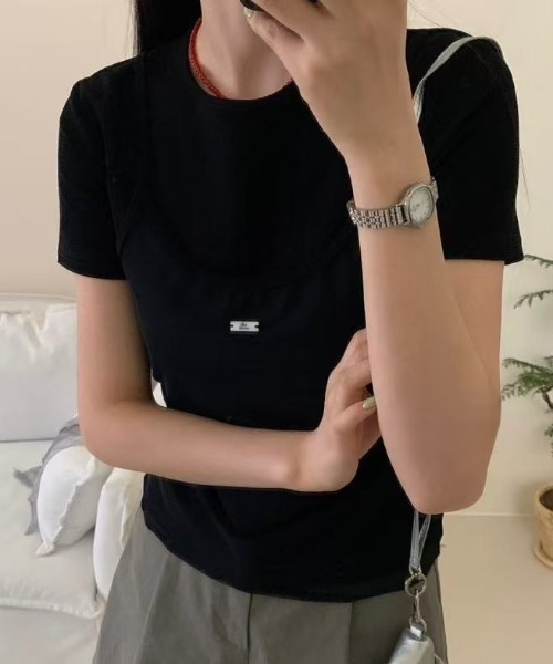 LAC-VERT(ラック・ヴェール)の「プレートアクセント シアーキャミドッキングTシャツ(Tシャツ/カットソー・レディース・ブラウン/ホワイト/グレー/ブラック・FREE)」の2枚目の写真