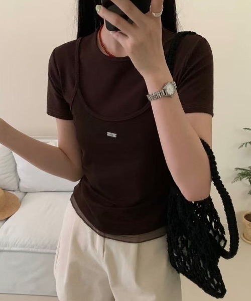 LAC-VERT(ラック・ヴェール)の「プレートアクセント シアーキャミドッキングTシャツ(Tシャツ/カットソー・レディース・ブラウン/ホワイト/グレー/ブラック・FREE)」の6枚目の写真
